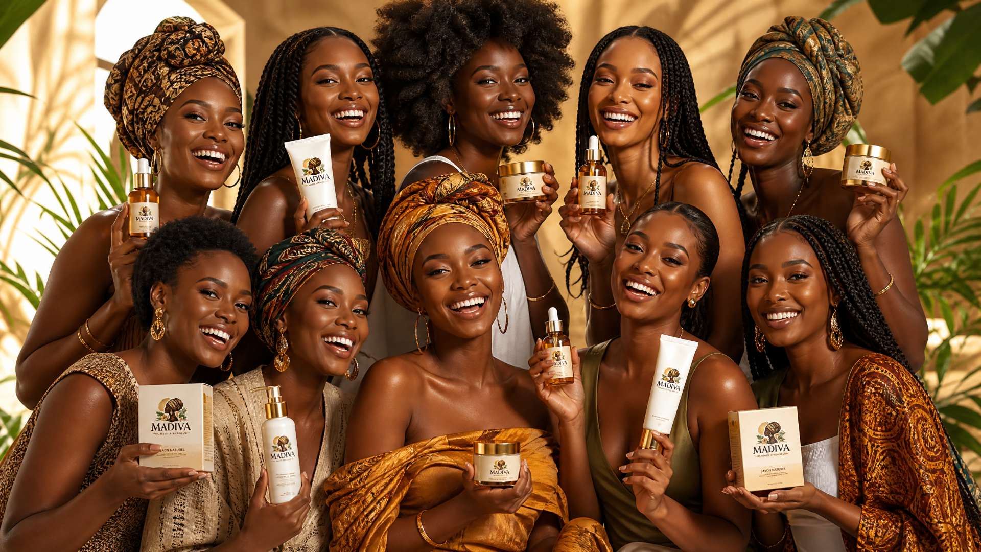 Groupe de femmes africaines souriantes présentant les soins Madiva