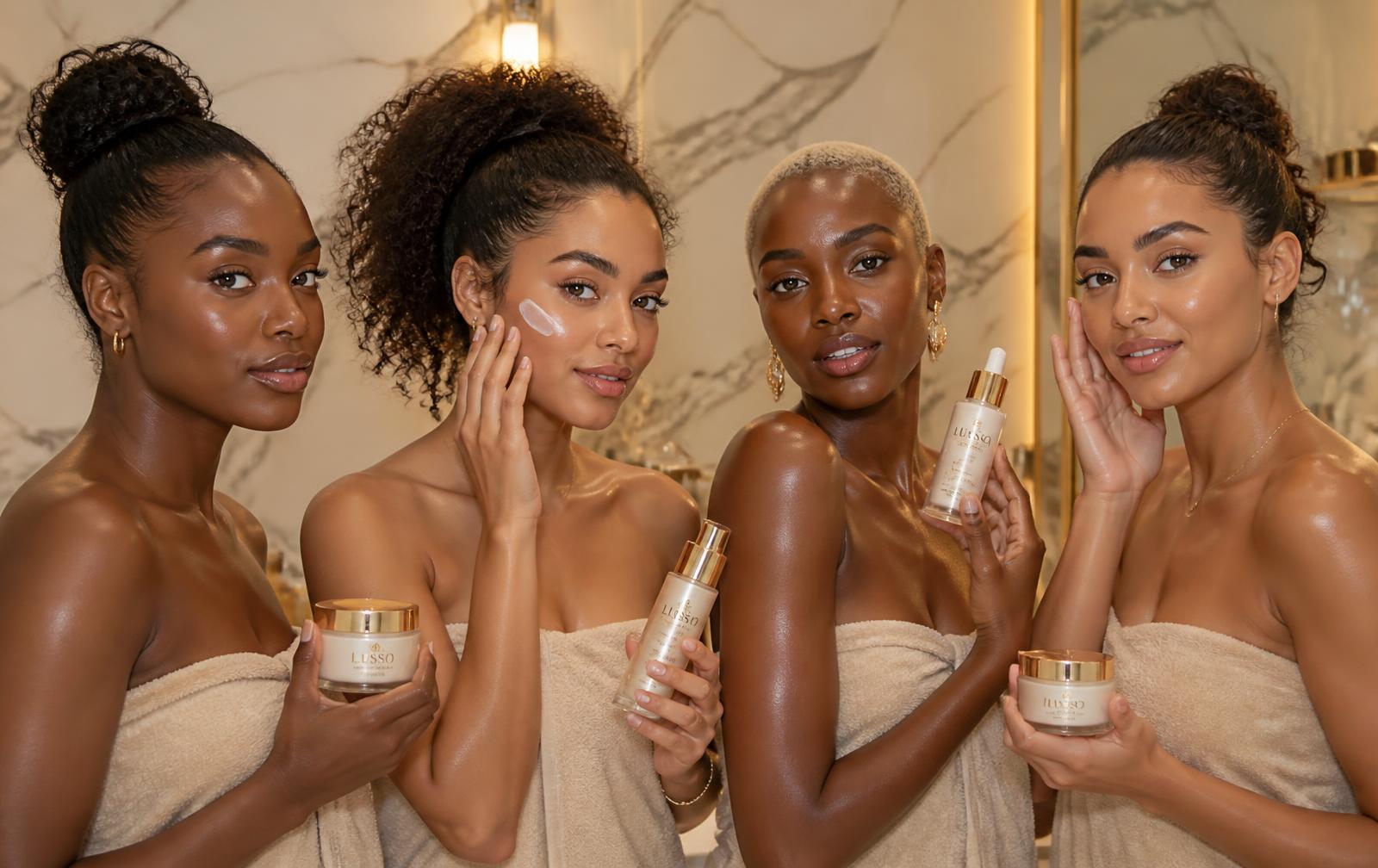 Quatre femmes appliquant les soins Madiva dans une salle de bain en marbre